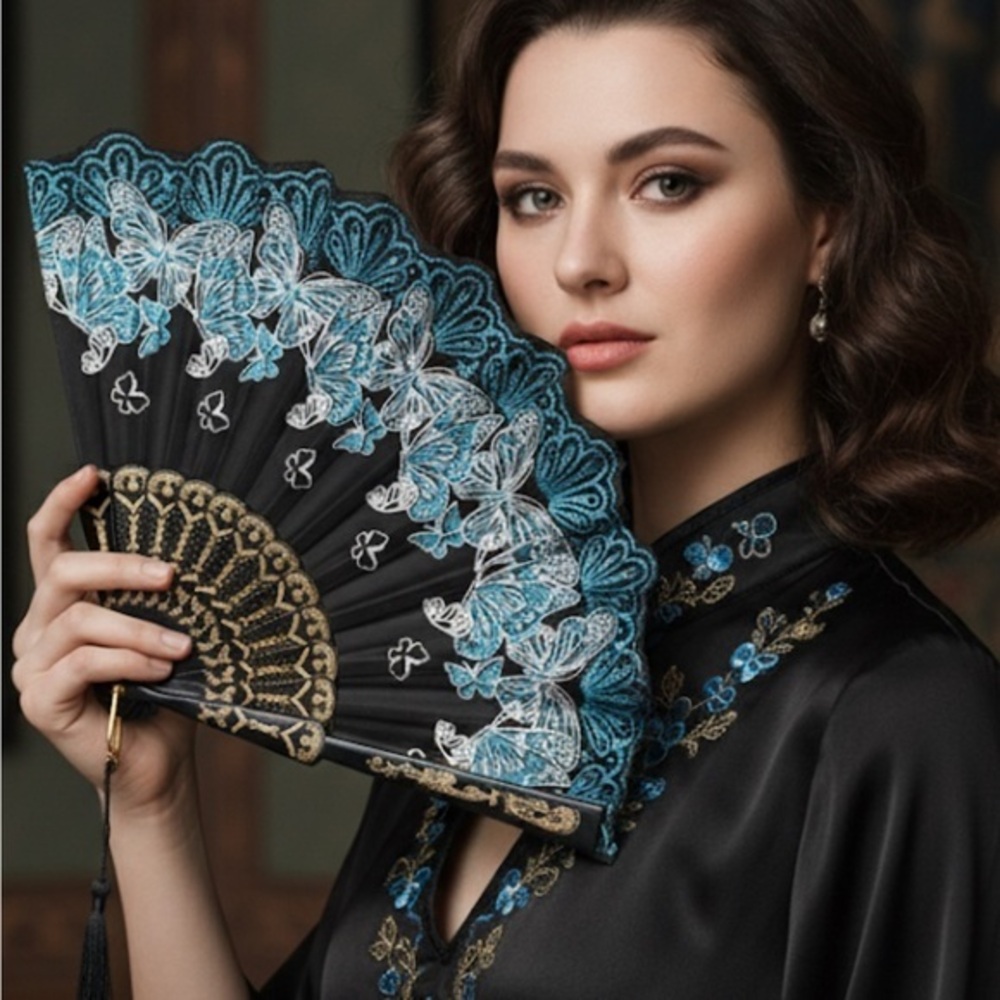 ✨NEW Elegant Black and Blue Glitter Lace Hand Fan 🪭 9”
